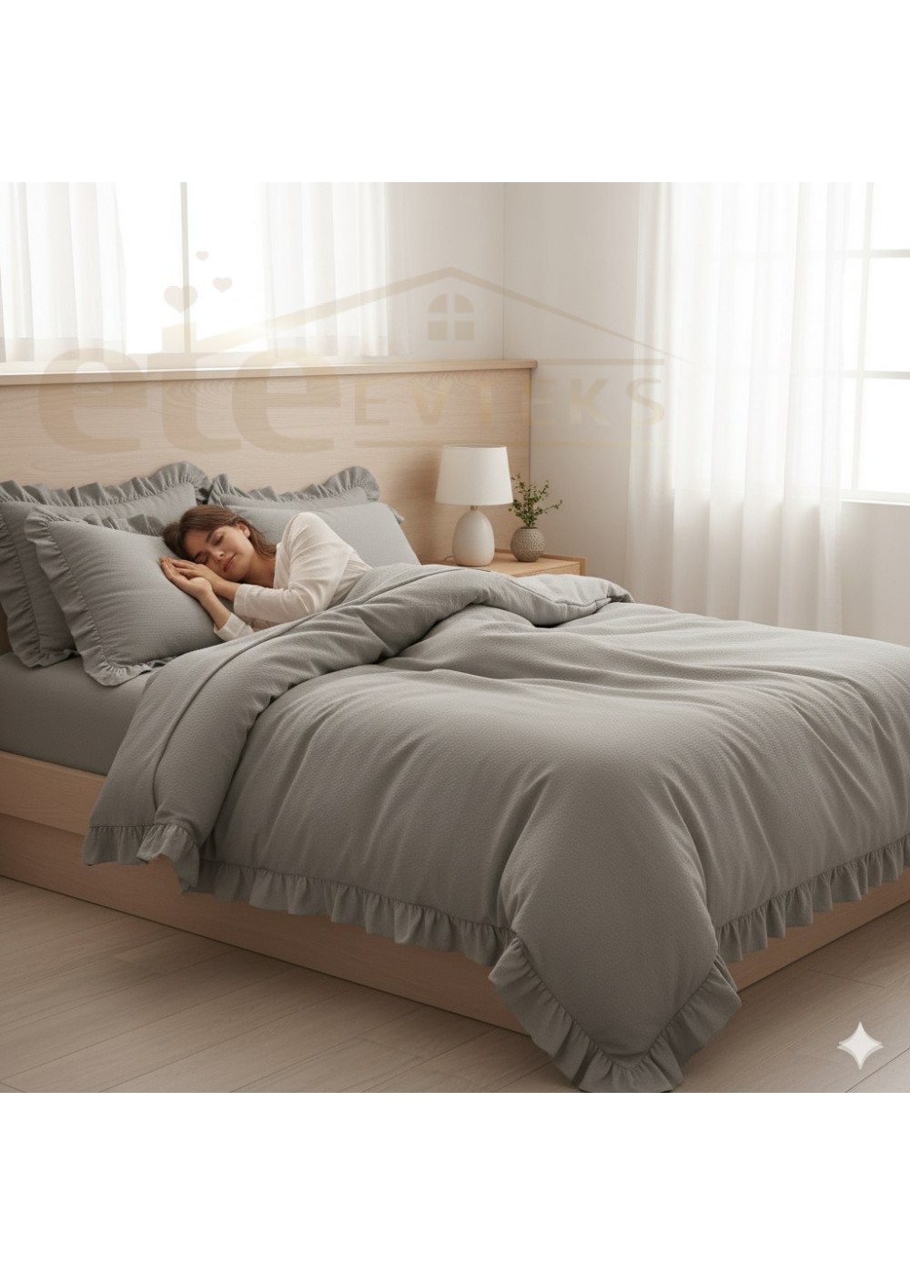 ETEHOMETEX %100 Doğal Pamuk Çift Kişilik Fırfırlı Nevresim Seti 200x220 cm TAŞ 8696474232034